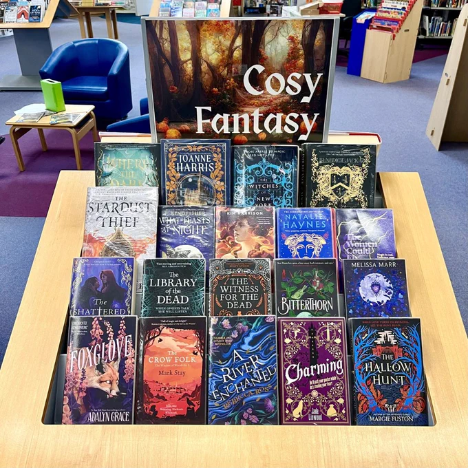 Photo of a display at Farnham Library with a selection of adult and teen fantasy books and a display poster with white text on an autumnal forest background.  
The text reads: 
Cosy Fantasy 