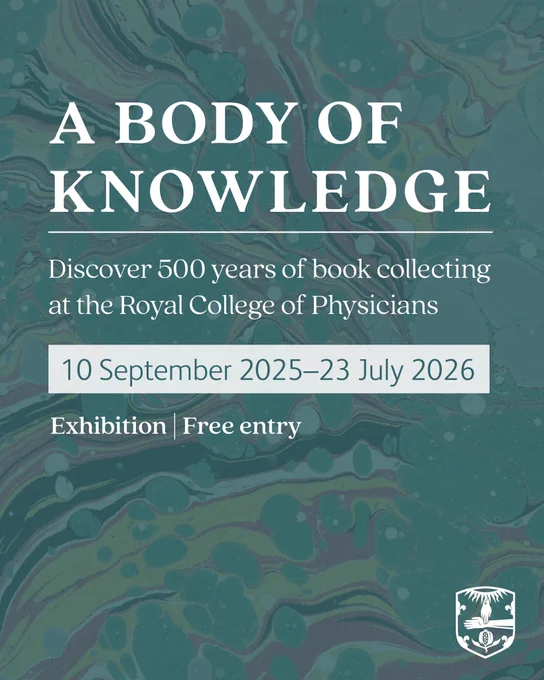 Exhibition graphic showing tall snippets from a range of books and the exhibition title and dates: 'A body of knowledge' 10 September 2025 - 23 July 2026