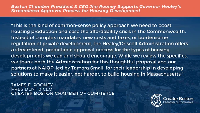 Chamber President Jim Rooney's statement in support of Governor Healey's streamlined approval process for housing development.