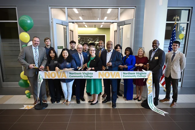 NOVA President Anne Kress with college leadership, students, and regional leaders posing for a picture at the ribbon cutting ceremony for the new Data Center Operations Training Facility at the Woodbridge campus.