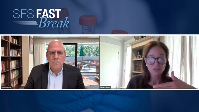 SFS Fast Break webinar screenshot featuring Rebecca Katz and Joel Hellman in a virtual discussion, displayed in split screen format with bookshelves in the background.