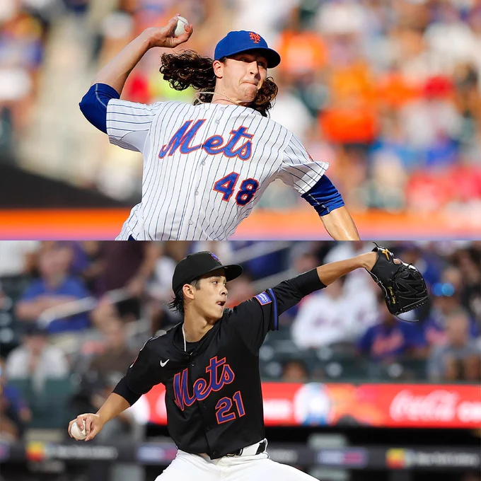 Jacob deGrom delivers a pitch in a home white Mets uniform with blue and orange lettering.
Bottom: Jonah Tong delivers a pitch in a black Mets uniform with blue and orange lettering.