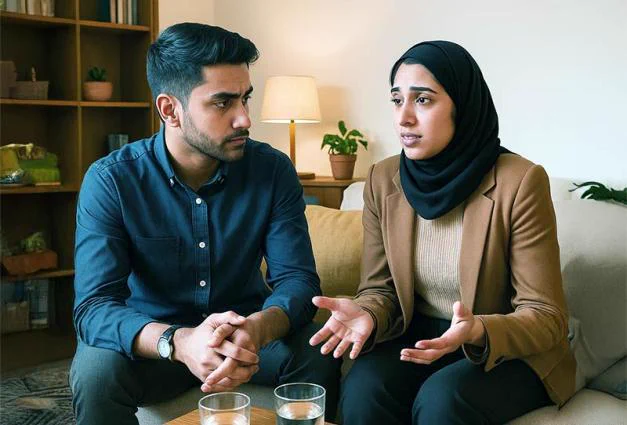 A couple sits on a couch, facing each other. A woman in a black hijab and a brown blazer is talking, gesturing with her hands. The man, in a blue button-down shirt, listens with a serious expression on his face. Two glasses of water sit on a coffee table in front of them.
