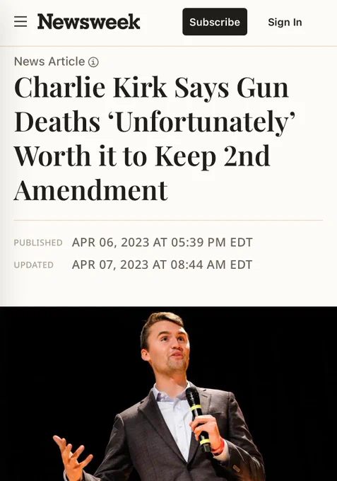 newsweek screenshot
Charlie Kirk says gun deaths ‘unfortunately’ worth it to keep 2nd amendment