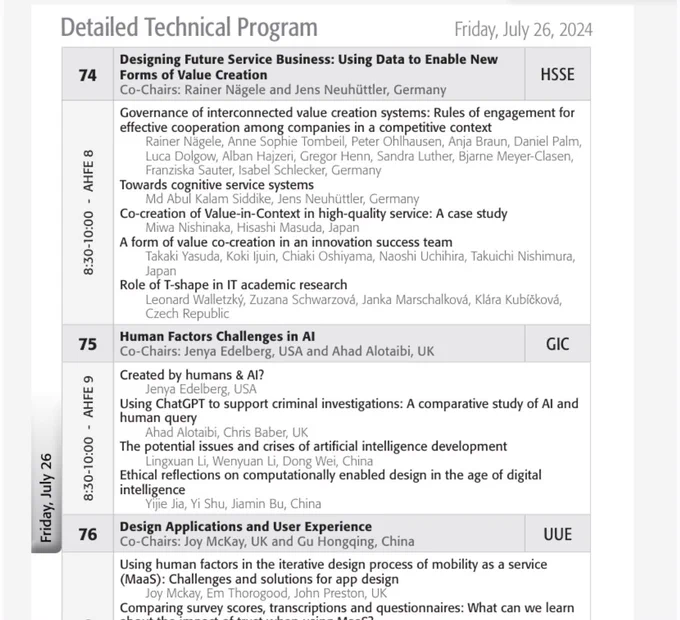 Page 75 if the AHFE 2024 program featuring Jenya Edelberg as Co-chair of the 'Human Factors Challenges in AI'. Also featuring her presentation timeslot and paper titled "Created by humans & AI?". Dated July 26, 2024.