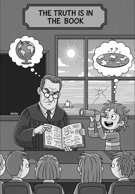 A detailed black-and-white cartoon contrasting dogma with empirical observation in a classroom setting.

At the front of the class: A stern, authoritarian man in a judge-like robe points firmly to an open book filled with scientific diagrams. A sign above his head reads, "THE TRUTH IS IN THE BOOK." A thought bubble above him shows a globe, representing a spherical Earth.

To the side: A curious and happy young boy ignores the man. He stands by a cracked window and looks through a telescope at the sea outside, where a ship is sailing away and dipping below the horizon. The boy's thought bubble shows a diagram of a flat Earth with question marks above it, suggesting his observation is causing him to question the established "truth" from the book.

In the foreground: The backs of other students' heads are visible as they sit in rows, passively watching the man at the front.