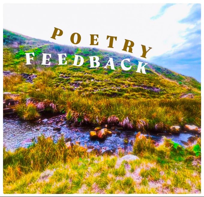 A hillside and river with words ‘poetry feedback’ dancing down the horizon