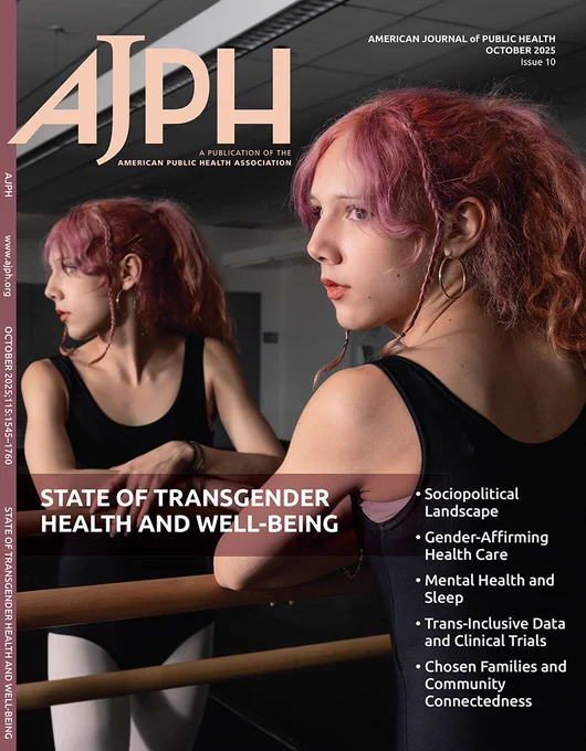 The AJPH October issue cover shows an image of Evan, a transgender woman, in her high school ballet studio in Los Angeles, California.The issue title reads, "State of Transgender Health and Well-Being"