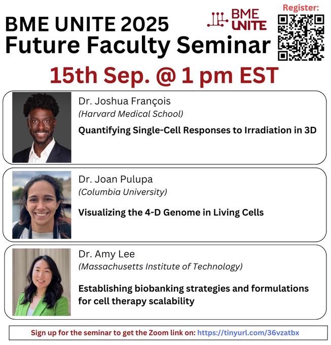 Dr. Joshua François (Harvard Medical School): Quantifying Single-Cell Responses to Irradiation in 3D

Dr. Joan Pulupa (Columbia University): Visualizing the 4-D Genome in Living Cells

Dr. Amy Lee (Massachusetts Institute of Technology): Establishing biobanking strategies and formulations for cell therapy scalability