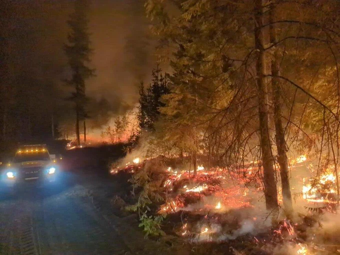 A firetruck responds to a burning forest fire at night with smoke filling the air.