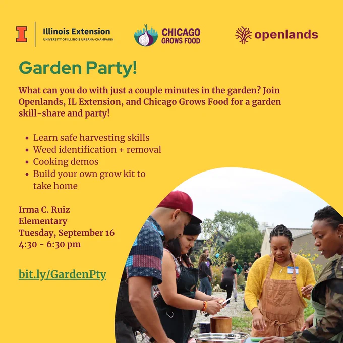 A flyer with a yellow background for the Garden Party of Openlands. In the flyer the there is an image of people around a table while they celebrate a previous garden party.