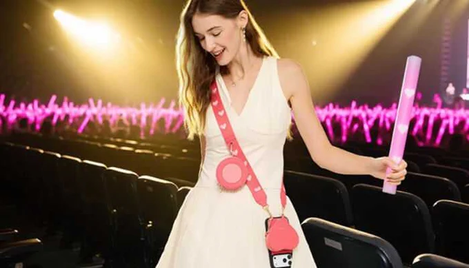 A woman enjoying a concert while carrying a stylish pink Crossbody Wallet Phone Case, keeping her essentials secure and hands-free.