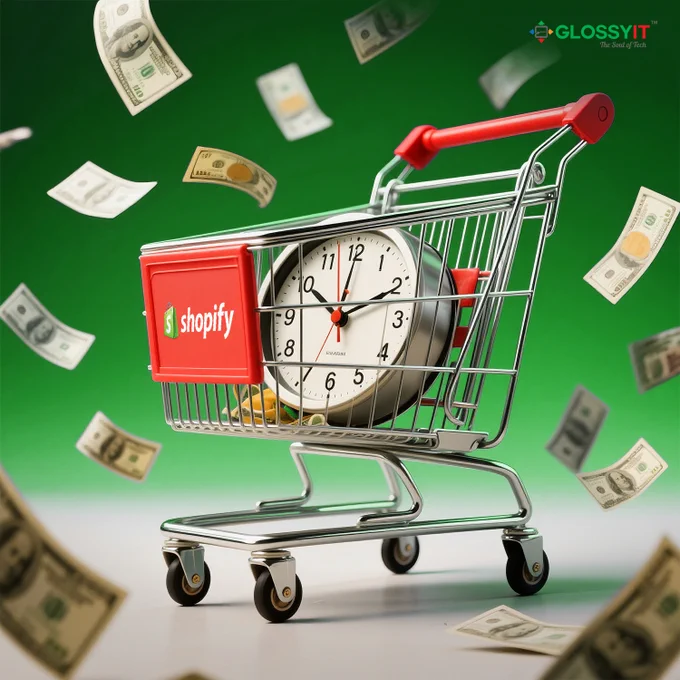 A shopping cart turning into a clock, with money flying away.