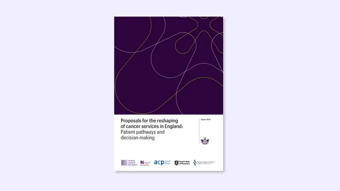 Cover of a report titled "Proposals for the reshaping of cancer services in England: Patient pathways and decision-making", dated August 2025. The cover features a dark purple background with abstract white lines.