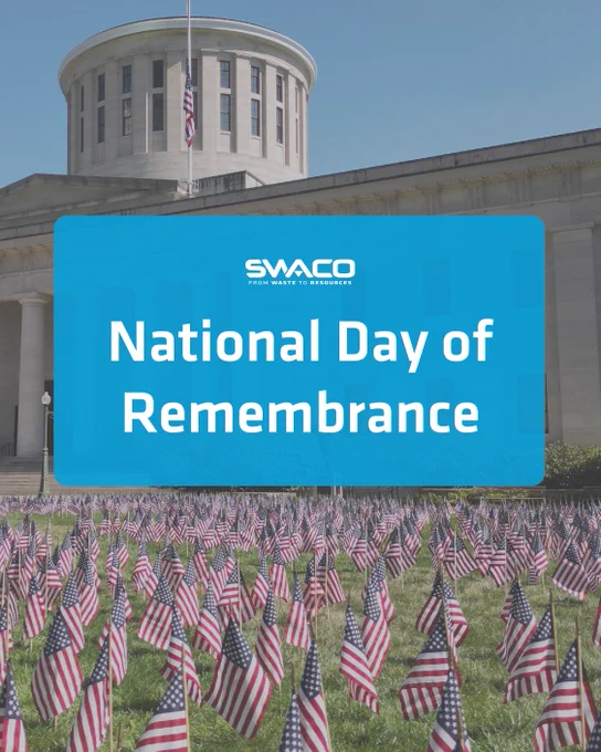 SWACO logo. Photo of American flags