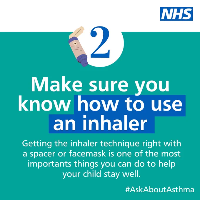 NHS graphic with text: '2. Make sure you know how to use an inhaler. Getting the inhaler technique right with a spacer or facemask is one of the most important things you can do to help your child stay well.' Hashtag: #AskAboutAsthma. Illustration of an inhaler above the number 2.