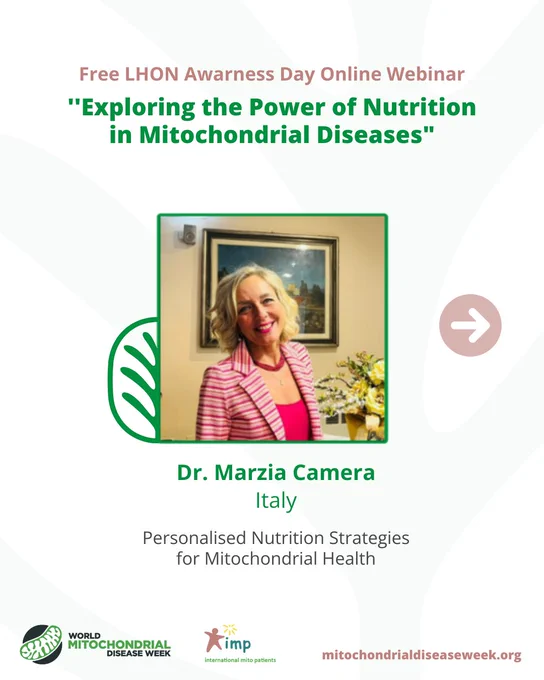 Speaker card for Dr. Marzia Camera, Italy. Text: “Free LHON Awareness Day Online Webinar ‘Exploring the Power of Nutrition in Mitochondrial Diseases.’ Dr. Marzia Camera, Italy. Personalised Nutrition Strategies for Mitochondrial Health.” Includes her photo, LHON logo, and partner logos.