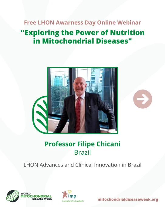 Speaker card for Professor Filipe Chicani, Brazil. Text: “Free LHON Awareness Day Online Webinar ‘Exploring the Power of Nutrition in Mitochondrial Diseases.’ Professor Filipe Chicani, Brazil. LHON Advances and Clinical Innovation in Brazil.” Includes his photo, LHON logo, and partner logos.