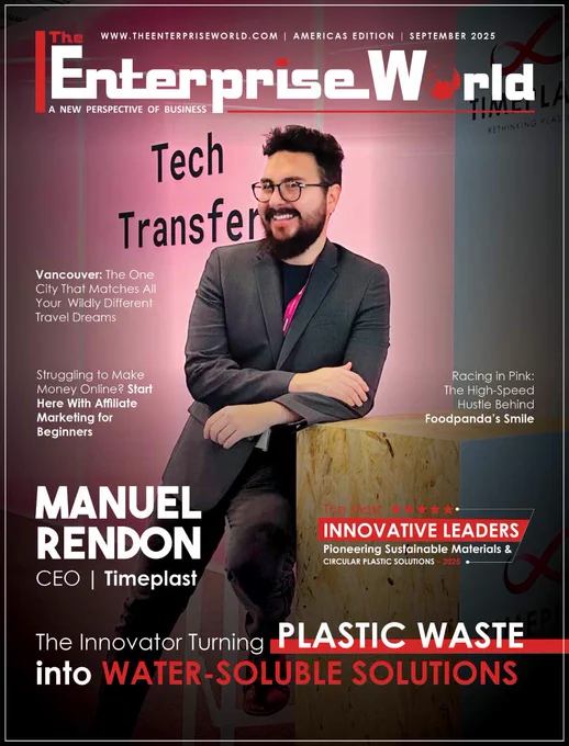 Magazine cover featuring Manuel Rendón, CEO of Timeplast, innovating water-soluble plastics and sustainable 3D-printable materials to transform plastic waste into eco-friendly solutions.