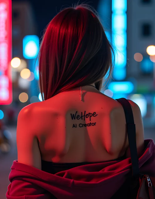 AI-generated image of a woman seen from behind under neon city lights, with a tattoo on her back reading “WeHope AI Creator.” The scene glows with red and blue cyberpunk lighting, blending futuristic style and artistic atmosphere.