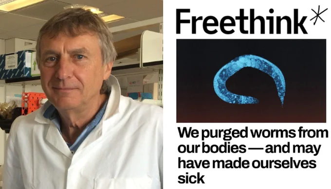 A composite image of Professor Rick Maizles in the lab on the left, and the Freethink* logo with a microscopic image of Caenorhabditis elegans directly below and the article title: 'We purged worms from our bodies - and may have made ourselves sick' below that, on the right.