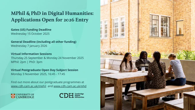 Key dates poster featuring image of four students conversing in a Cambridge University cafe. Copyright: University of Cambridge.
