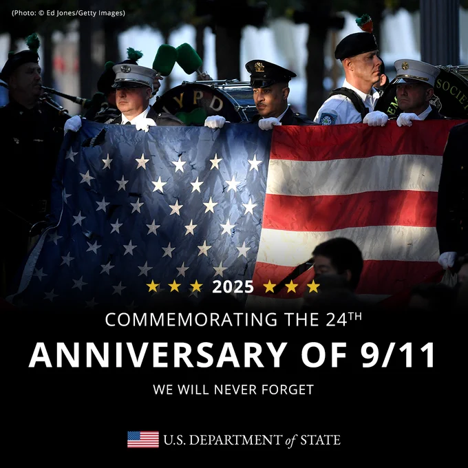 First responders hold up the flag of the United States with graphic text: 2025, Commemorating the 24th Anniversary of 9/11. We will never forget.