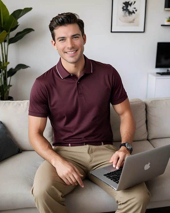 A realistic photo of Michael Allen in his South Bluffs condo living room in Memphis. He is seated on a light-colored sofa, wearing a maroon golf shirt and khaki pants. A MacBook rests partly on his lap as he looks toward the camera with a warm smile, framed by modern, minimal décor and soft daylight from the window.