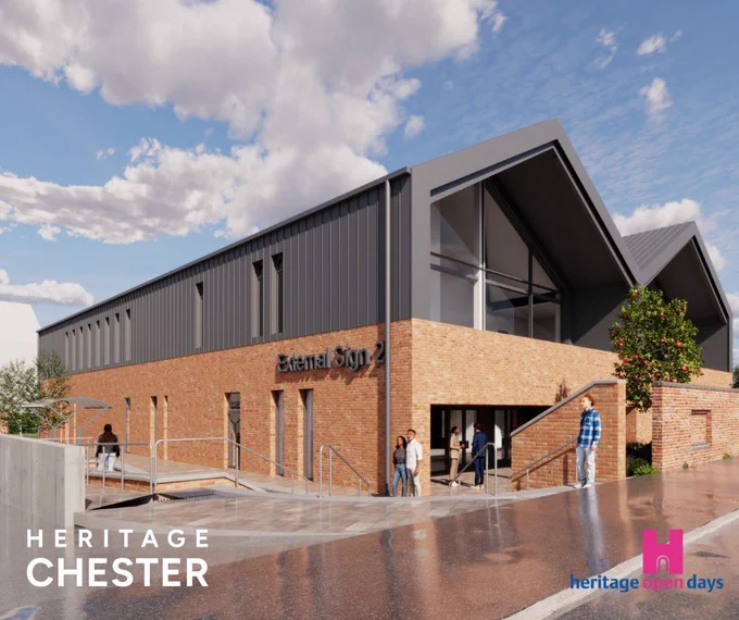An artist's impression of the new Cheshire Archives building showing a modern, contemporary design. The structure features a combination of red brick at ground level with dark grey metal cladding on the upper sections. Large glass windows and entrance areas provide natural light, and the building has clean, geometric lines with a distinctive angular roofline. In the bottom left corner is white text reading "HERITAGE CHESTER" and in the bottom right is the Heritage Open Days logo featuring a pink castle icon with blue and pink text.