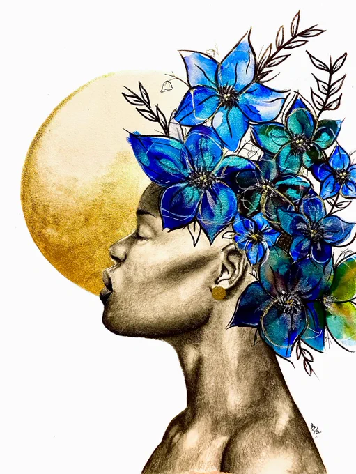 Artistic illustration featuring a profile view of a person with a serene expression, adorned with a vibrant crown of blue flowers against a golden circular backdrop.