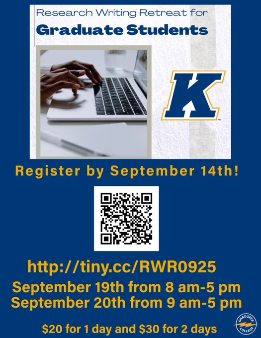 A flyer for the September 2025 Research Writing Retreat with a QR code and link to sign up (http://tiny.cc/RWR0925). The Retreat is on September 19th (8 am-5 pm) and September 20th (9 am-5 pm). The cost to participate for 1 day is $20 and $30 for two days.