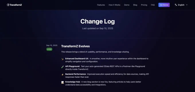 ⭐️ Here's more news about @TransformZHQ: Since our first stable release (Phoenix, v1.0.0), we’ve been working hard.

Today, we’re proud to announce our latest version "v1.3.0", bringing together everything we’ve built so far, in addition to:

– A smoother, more intuitive user experience within the dashboard to simplify navigation and configuration.
– Test your auto-generated OData REST APIs in a Postman-like Playground directly inside TransformZ.
– Improved execution speed and efficiency for database queries, making API responses faster than ever.
– A new blog section is now live, featuring articles to help users better understand data accessibility and integrations.

➡️ Here's a tutorial that shows how @TransformZHQ works: transformz.ca/blog/how-to-expose-mysql-data-as-odata-rest-apis-in-5-minutes-with-transformz

You can also follow our change log at: transformz.ca/changelog

#automathing #transformz #product #updates