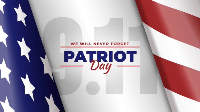 Patriot Day tribute with the message 'We Will Never Forget 9.11' in bold text, flanked by elements of the American flag featuring stars and red stripes.