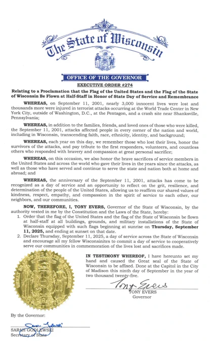 Executive order from Gov. Evers lowering the flags to half-staff and declaring a day of service