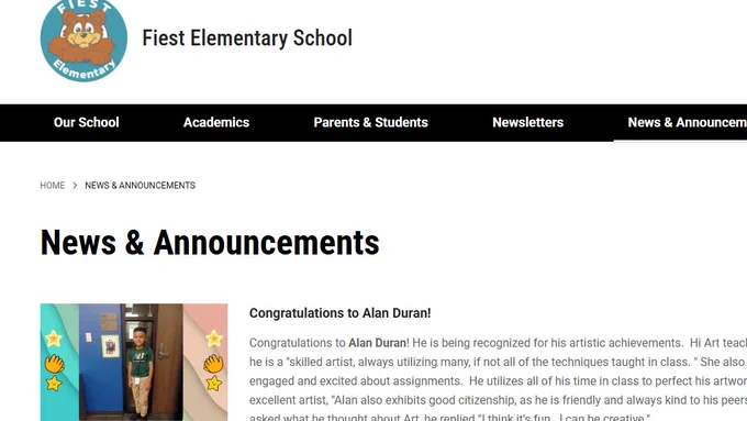 screenshot of fiest elementary news and announcements page