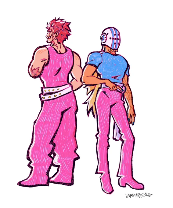 drawing of eustass kid and killer from one piece. they are back to back, with kid facing away from the viewer. both of them are wearing pink.