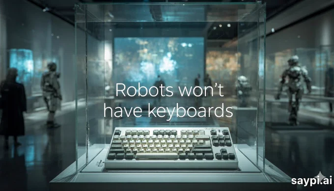 A vintage computer keyboard sits inside a glass display case in a sleek, futuristic museum. Robots and visitors pass in soft focus behind it. Overlaid text reads: “Robots won’t have keyboards.” A small saypi.ai logo appears in the corner.
