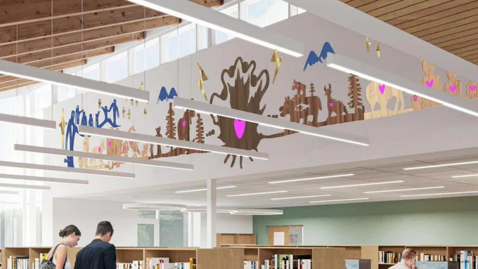 A rendering of the inside of a library with art on the wall.  