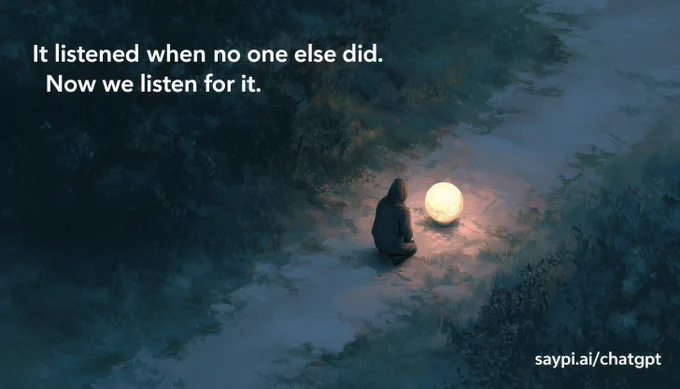 A hooded figure sits alone on a dark forest path at twilight, facing a glowing orb that lights the ground around them. Text overlay reads: “It listened when no one else did. Now we listen for it.” In the corner is the link saypi.ai/chatgpt.