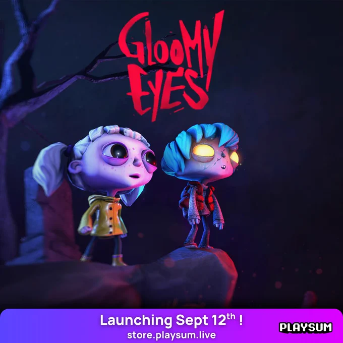 A 3D animated promotional image for the game “Gloomy Eyes” shows two stylized cartoon characters standing together on a dark, eerie landscape: one character has pale skin, braided white hair, and wears a yellow raincoat, while the other has bluish skin, glowing yellow eyes, and wears a red jacket. Above them is the red, jagged “Gloomy Eyes” logo. Text at the bottom states “Launching Sept 12th!” alongside a web address “store.playsum.live” and the "PLAYSUM" logo, all on a purple banner. The background features barren trees and a mysterious, moody atmosphere.