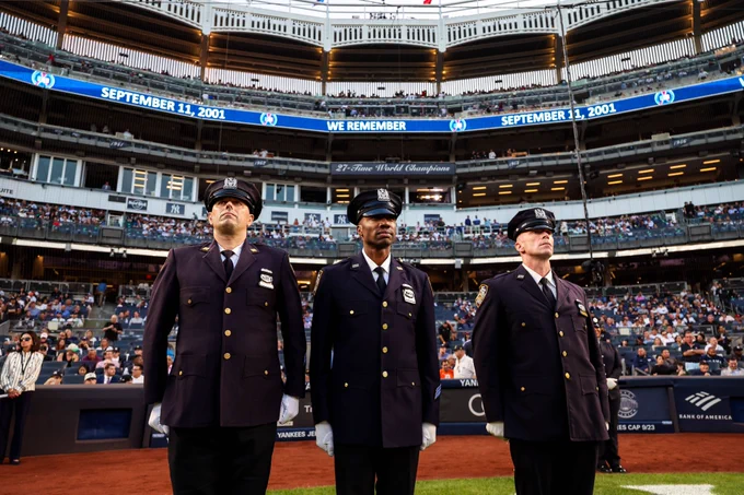 NYPD Officers honored before the game at Yankee Stadium. 