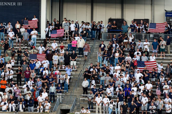 American flags in the bleachers of Yankee Stadium. 