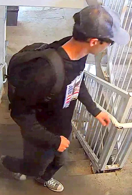 Person wearing a black long-sleeve shirt with a graphic on the front, black pants, and gray sneakers ascending a stairway while holding the railing.