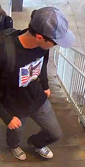 Young man wearing a gray baseball cap, black long-sleeve shirt with an American flag graphic, and gray pants walking down outdoor stairs.