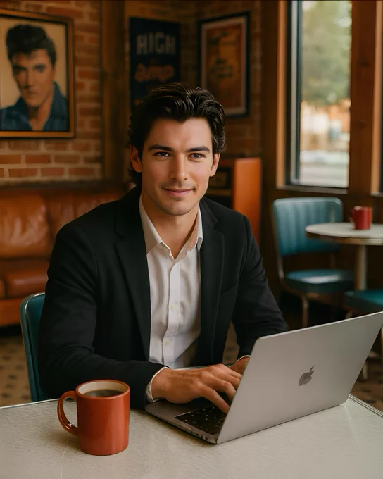 Michael Allen, a 26-year-old clean-shaven Caucasian man with short wavy black hair parted on the left and brown eyes, sits at a stainless steel and formica-topped table inside a Cooper-Young–style Memphis coffee shop. He wears a black blazer over a white shirt and types on his open laptop, a red coffee mug nearby. Behind him are turquoise vinyl café chairs, a leather sofa, and Memphis music posters on exposed brick walls, with natural light streaming through large windows.
