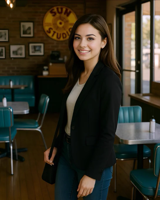 Jordan Warner, a young Caucasian woman with straight shoulder-length brown hair parted on the side and brown eyes, stands near the exit of a Cooper-Young–style Memphis coffee shop. She wears a black blazer over a white top with jeans and carries a shoulder bag. She looks back with a friendly smile as if leaving. Behind her are turquoise vinyl café chairs, stainless steel café tables, the cash register counter, and Memphis music décor including a Sun Studio sign on a brick wall. Natural light streams through the glass door and windows.
