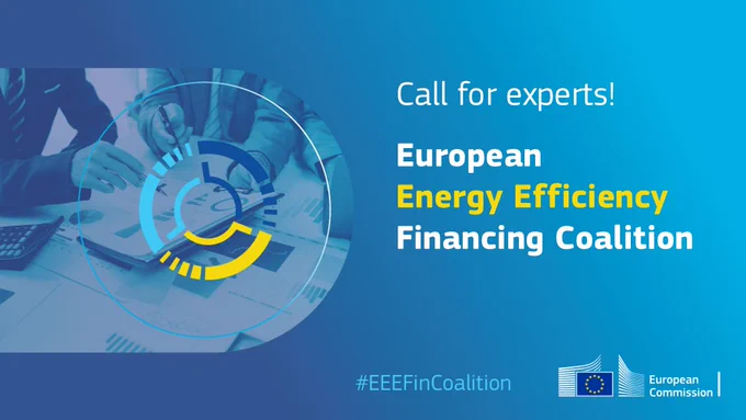 Call for experts! European Energy Efficiency Financing Coalition. Blue and yellow visual identity of the coalition and a photo on the left showing people at a desk discussing over documents.