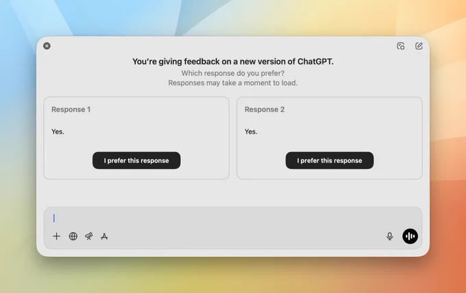 ChatGPT asking which response I prefer. Both responses are "Yes.".
