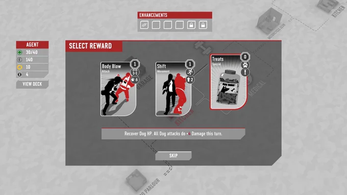 Fights in tight spaces screenshot of the Rewards collection screen. The three cards shown from left to right:
Body Blow, Shift, and Treats. The Treats card is highlighted in red and has dog biscuits on the card art. With the description below reading "Recover Dog HP. All Dog attacks do  4 Damage this turn."