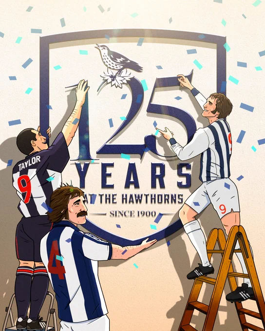 A piece of art showing Bob Taylor, Bomber Brown and Jeff Astle holding up a Hawthorns 125 crest 